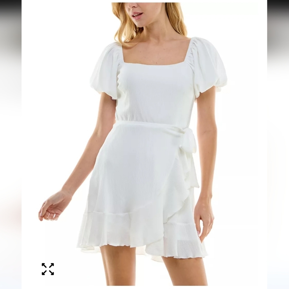 Puff-Sleeve Side-Tie Fit & Flare Mini Dress Summer Spring Beachy Preppy White Sm